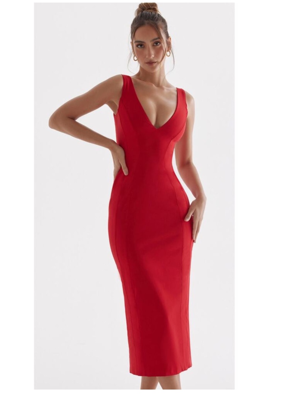 HOUSE OF CB Cece Red Rose Plunge V neck Midi Dress Size M